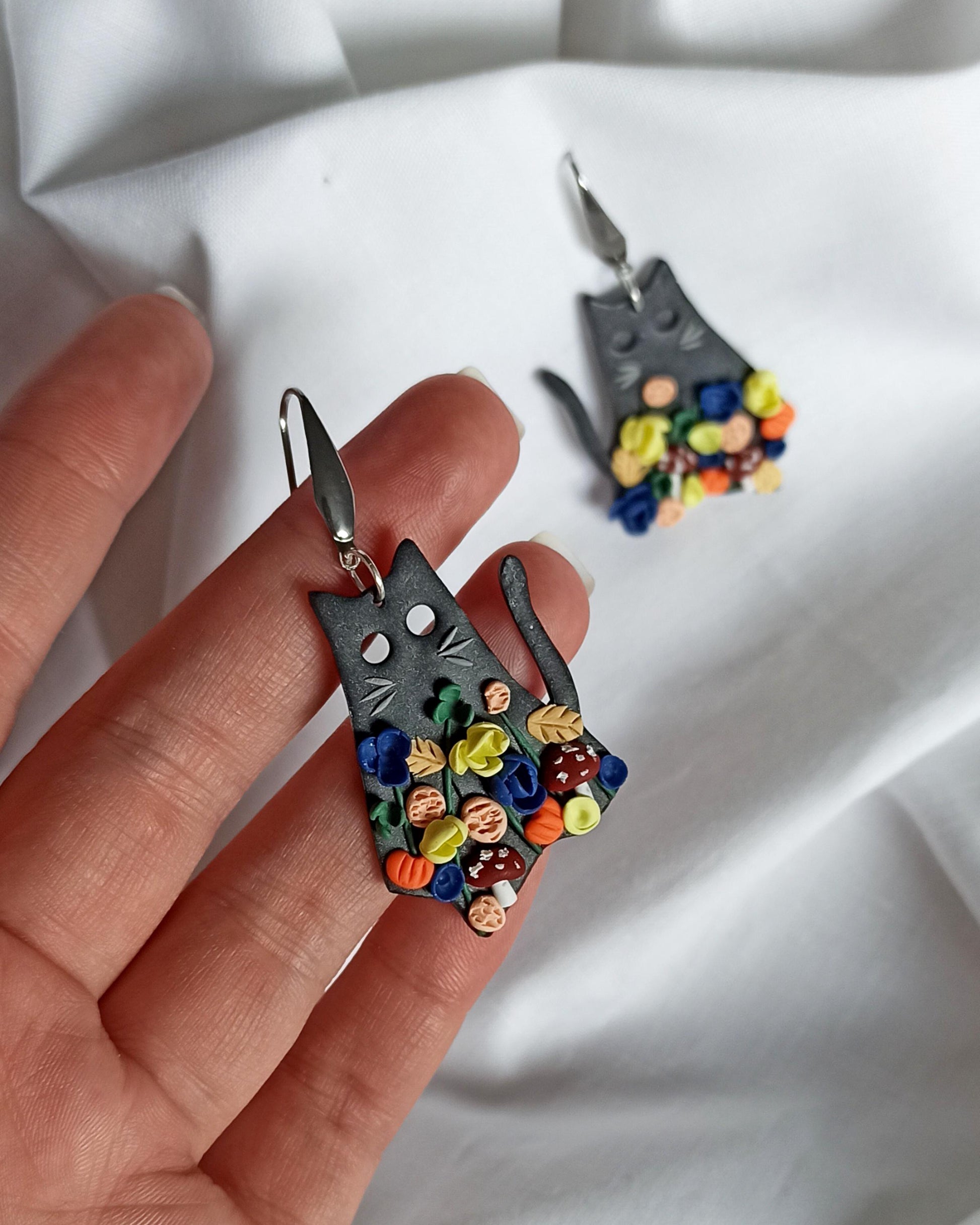 Black Cat Halloween Earrings: Polymer Clay Flowers & Mushrooms