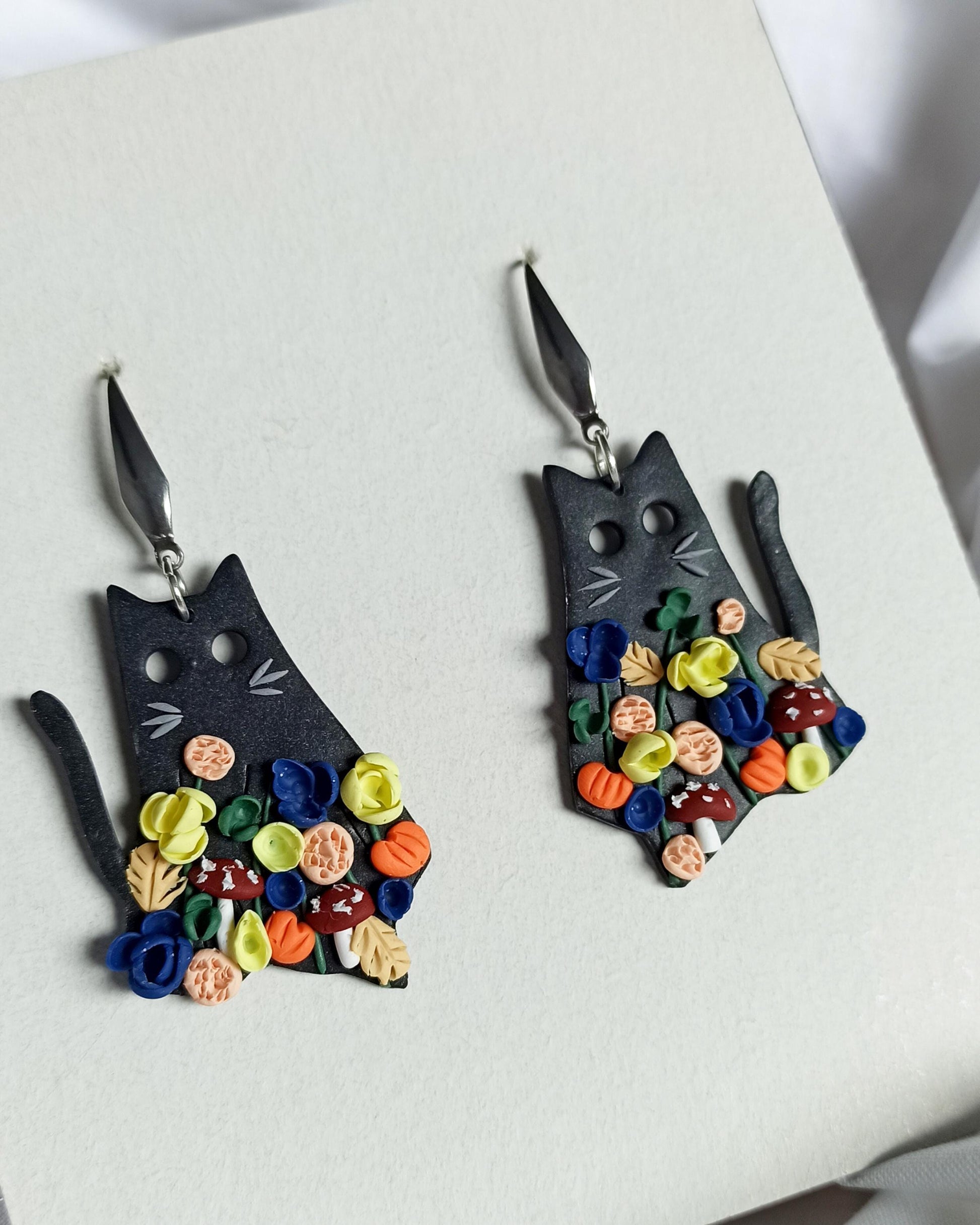 Black Cat Halloween Earrings: Polymer Clay Flowers & Mushrooms