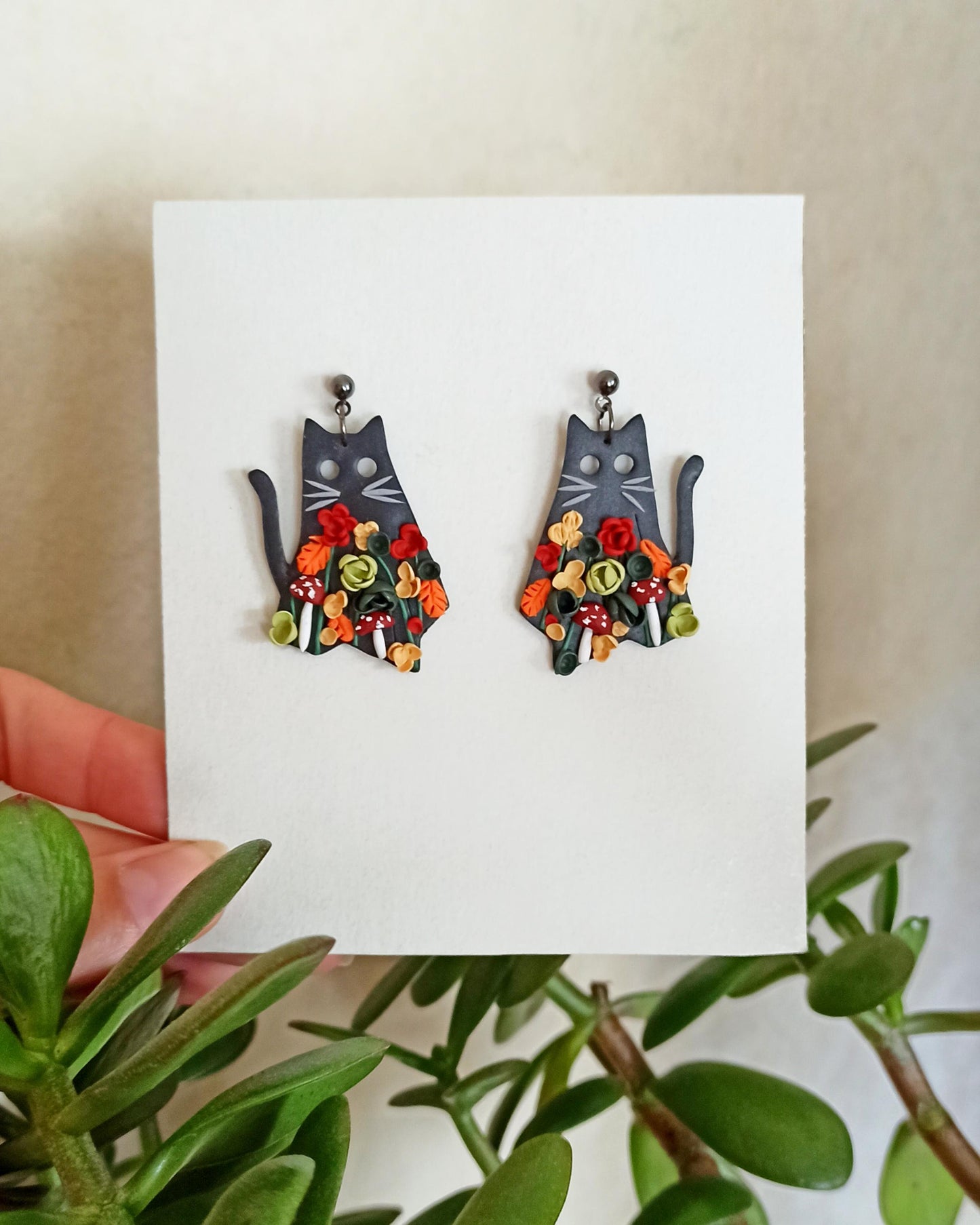 Black Ghost Cat Earrings: Handmade Polymer Clay Autumn Flower Jewelry