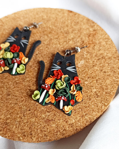 Black Ghost Cat Earrings: Handmade Polymer Clay Autumn Flower Jewelry