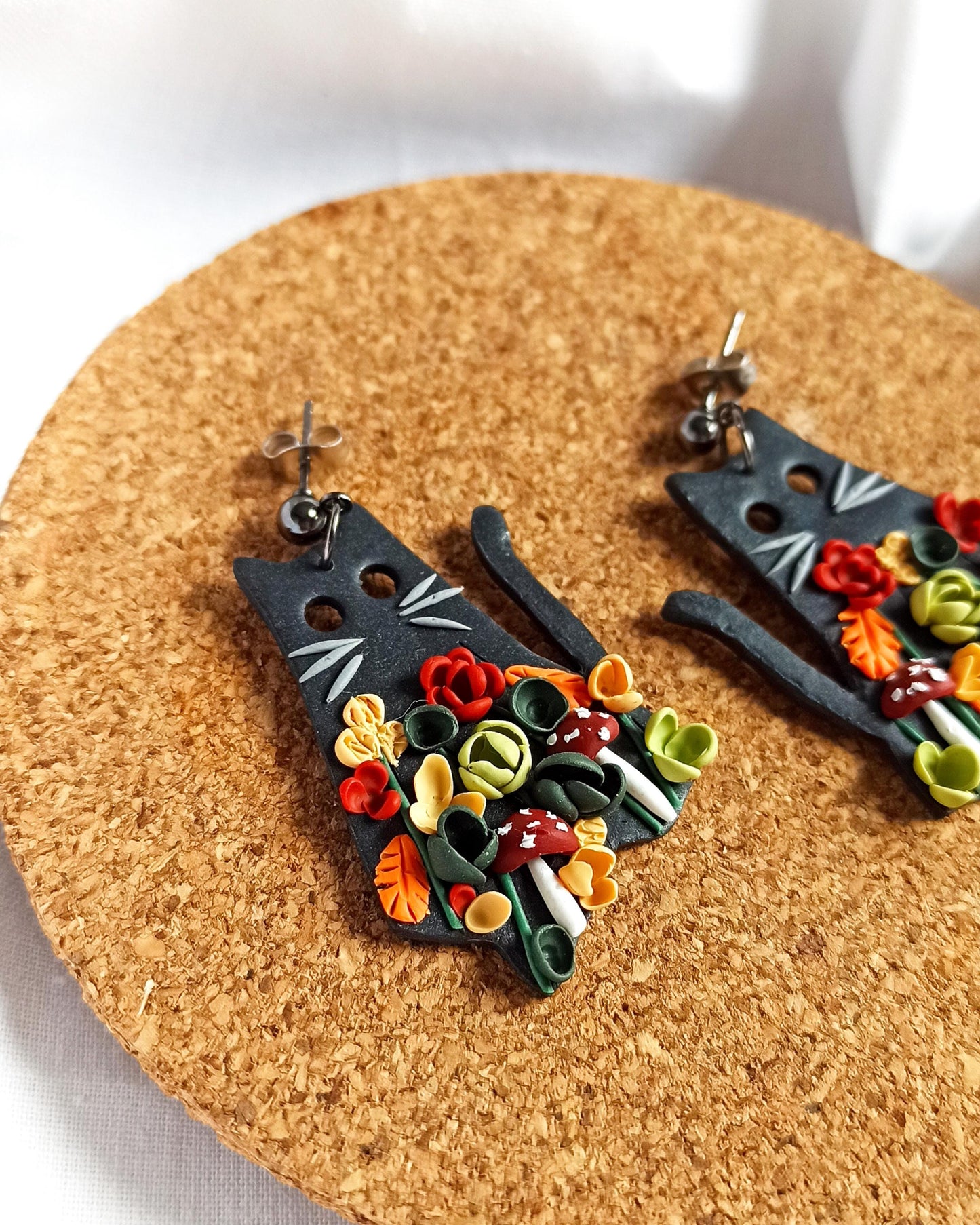 Black Ghost Cat Earrings: Handmade Polymer Clay Autumn Flower Jewelry