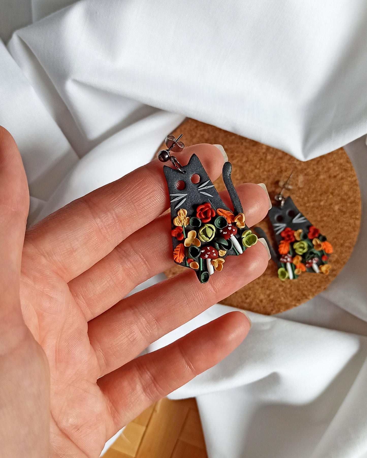 Black Ghost Cat Earrings: Handmade Polymer Clay Autumn Flower Jewelry