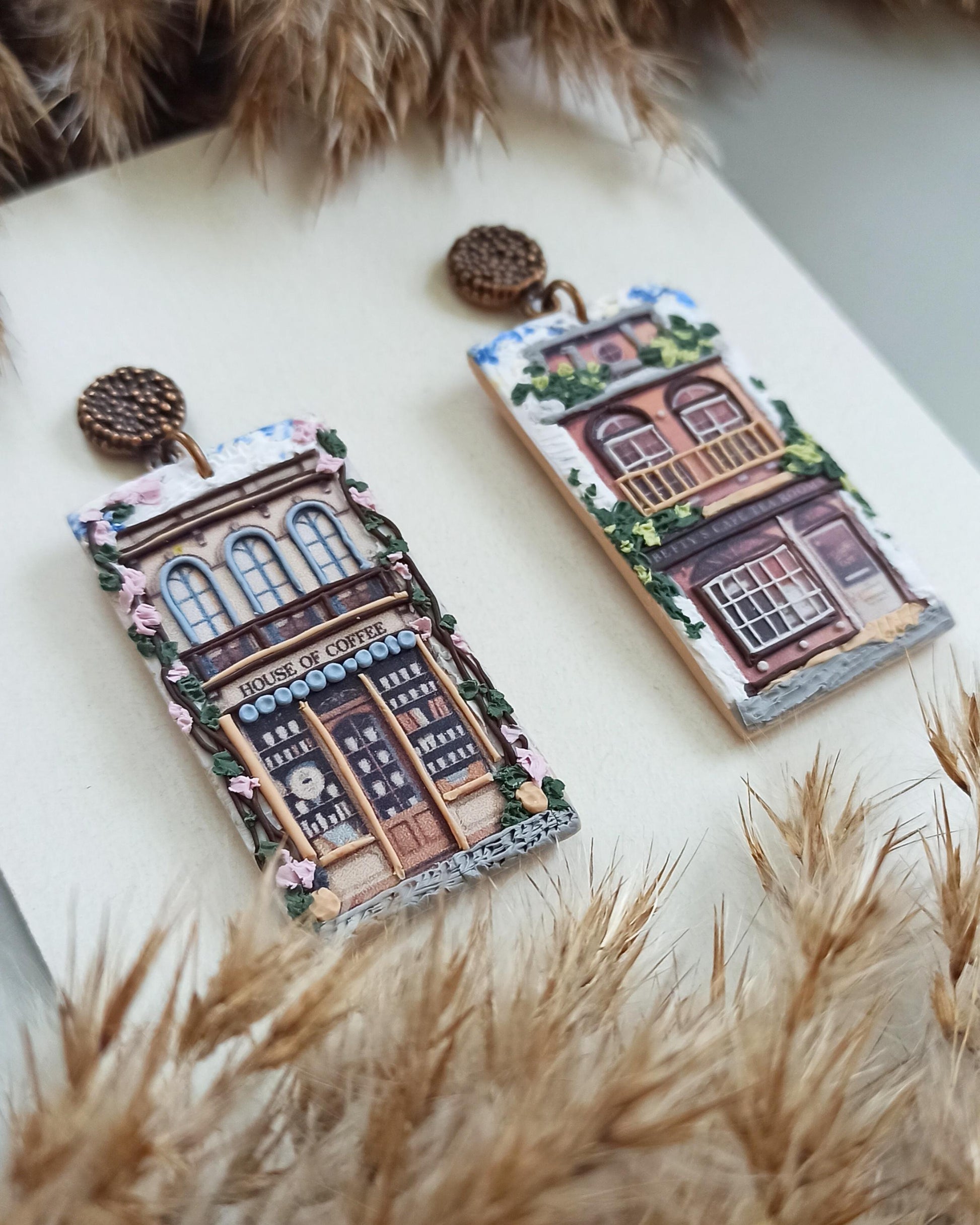 Avelli -LANDSCAPE EARRINGS: Coffee lover gift, polymer clay houses