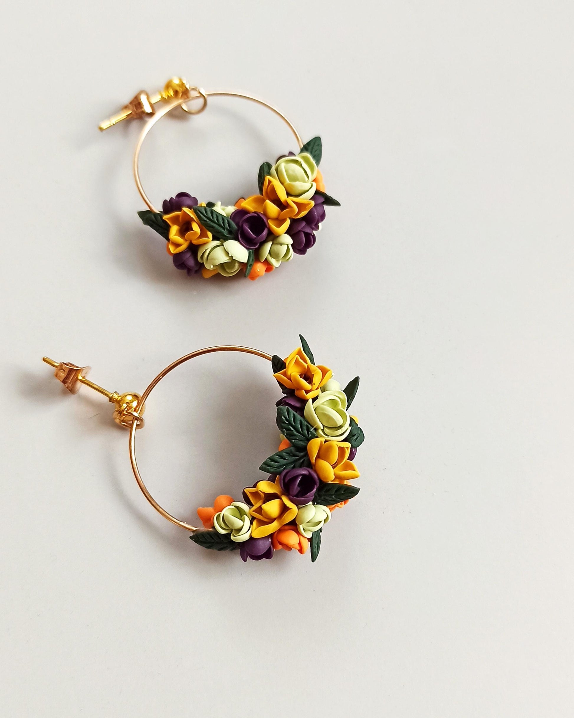 Handmade Fall Flower Hoop Earrings: Polymer Clay Sunflower Jewelry