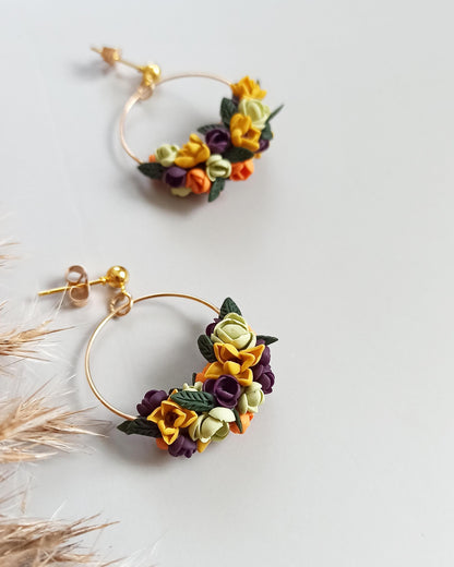 Handmade Fall Flower Hoop Earrings: Polymer Clay Sunflower Jewelry