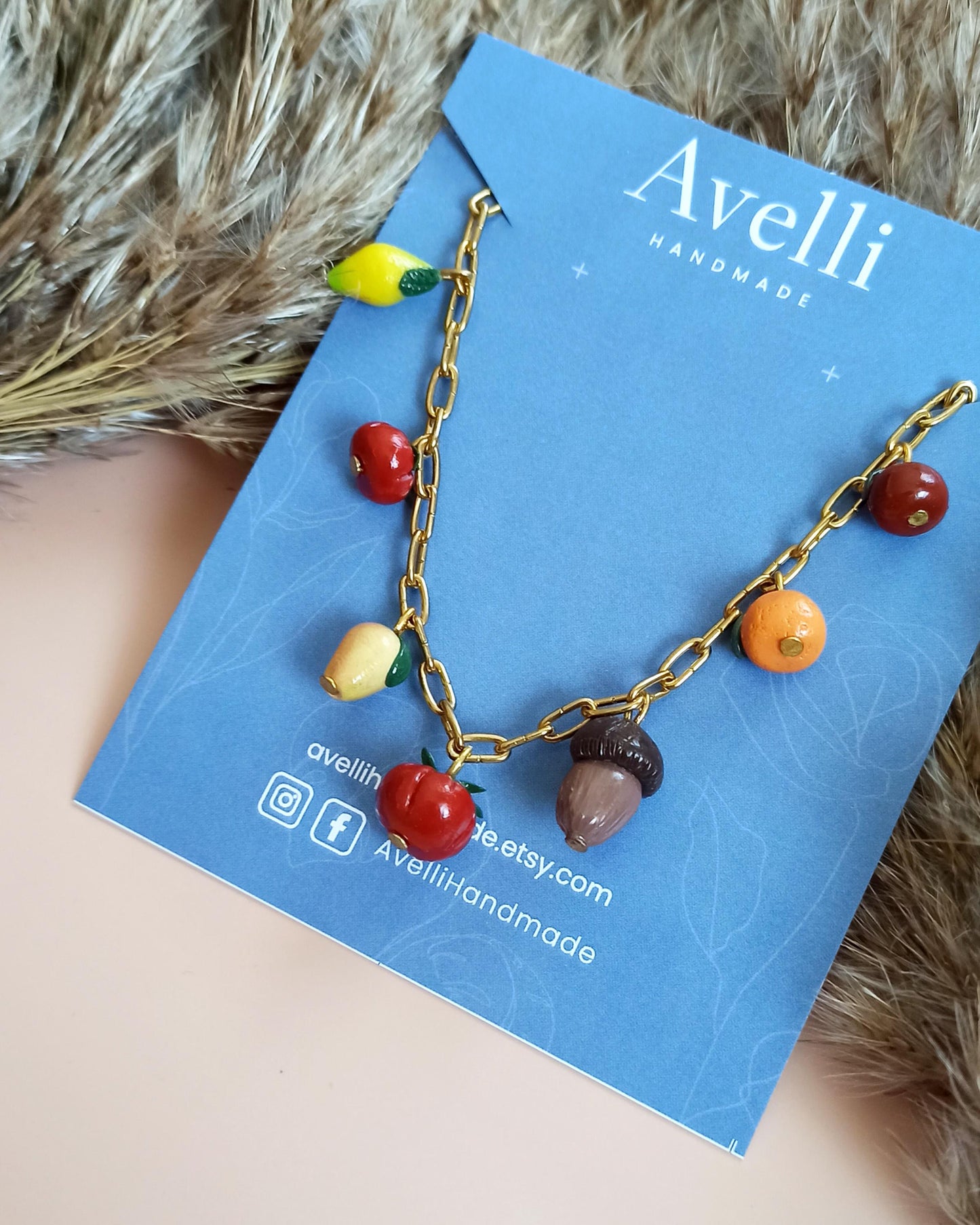 Fall charm tomatoes necklace: handmade fruit jewellery, small fruits.