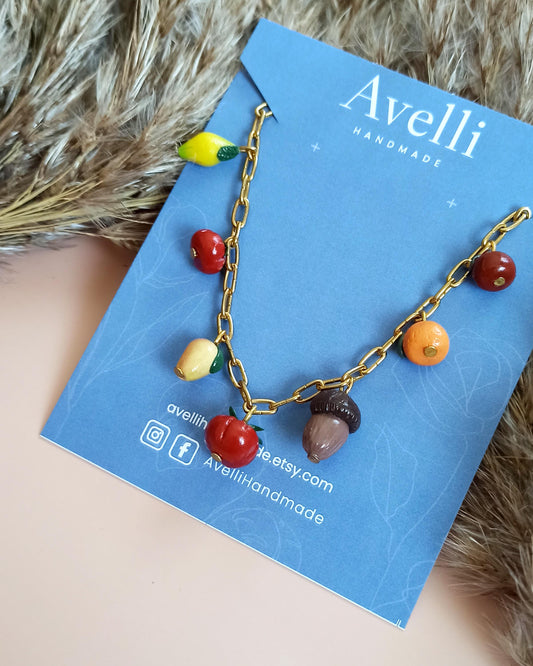 Fall charm tomatoes necklace: handmade fruit jewellery, small fruits.