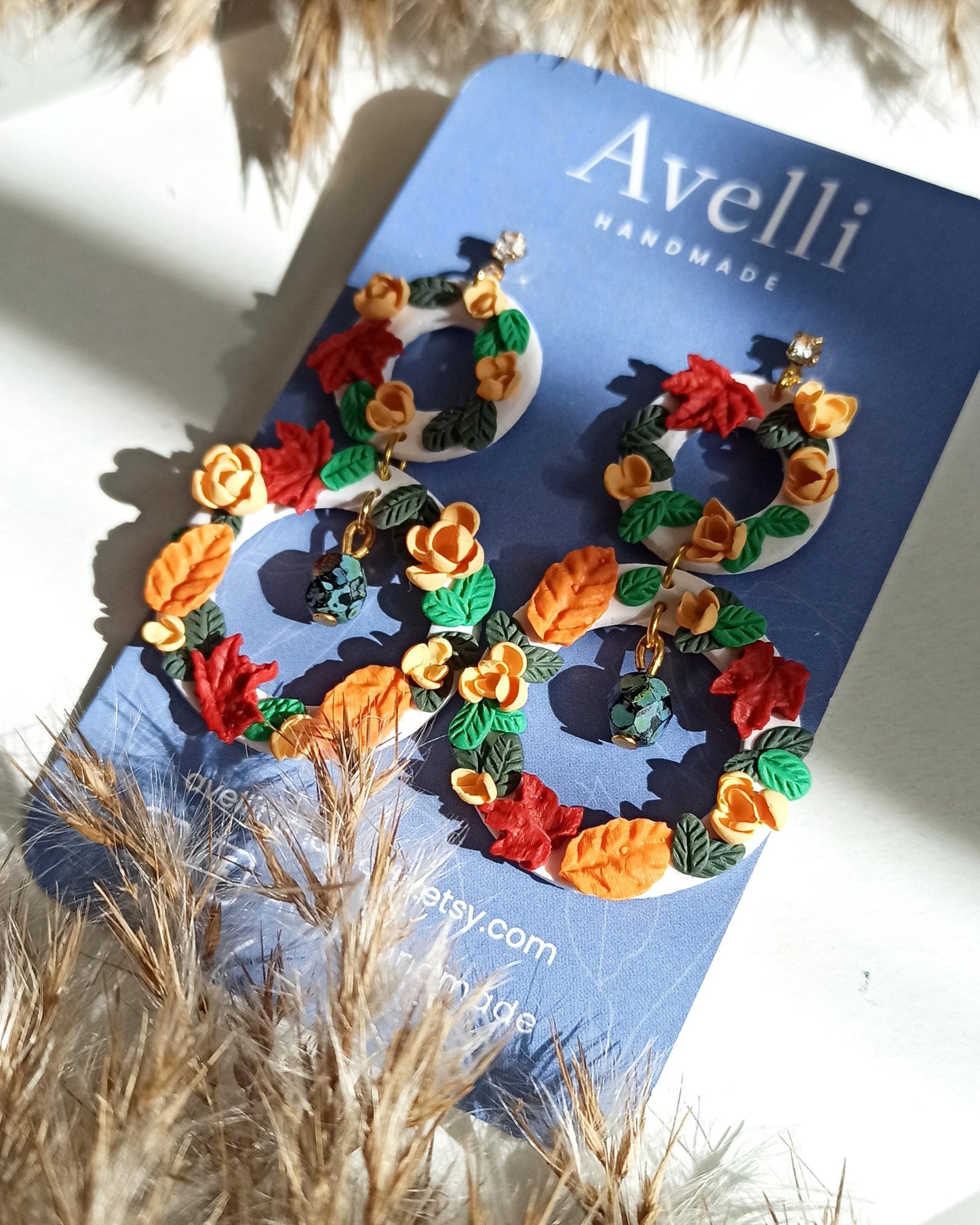 autumn wreath earrings, hypoallergenic, polymer clay dangles