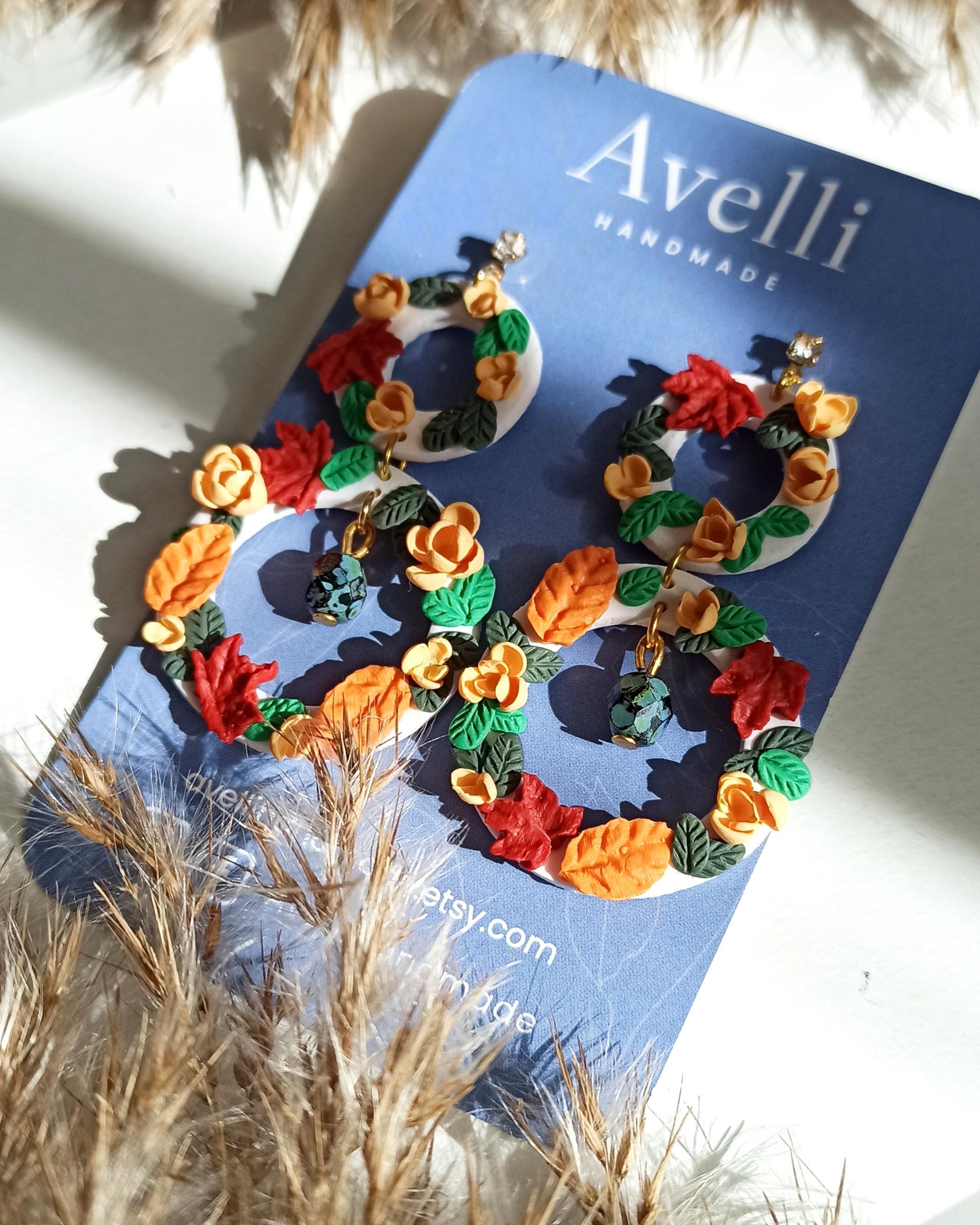 autumn wreath earrings, hypoallergenic, polymer clay dangles