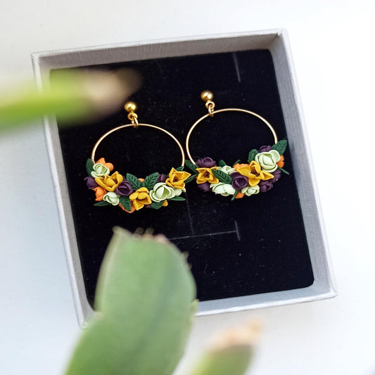 Handmade Fall Flower Hoop Earrings: Polymer Clay Sunflower Jewelry