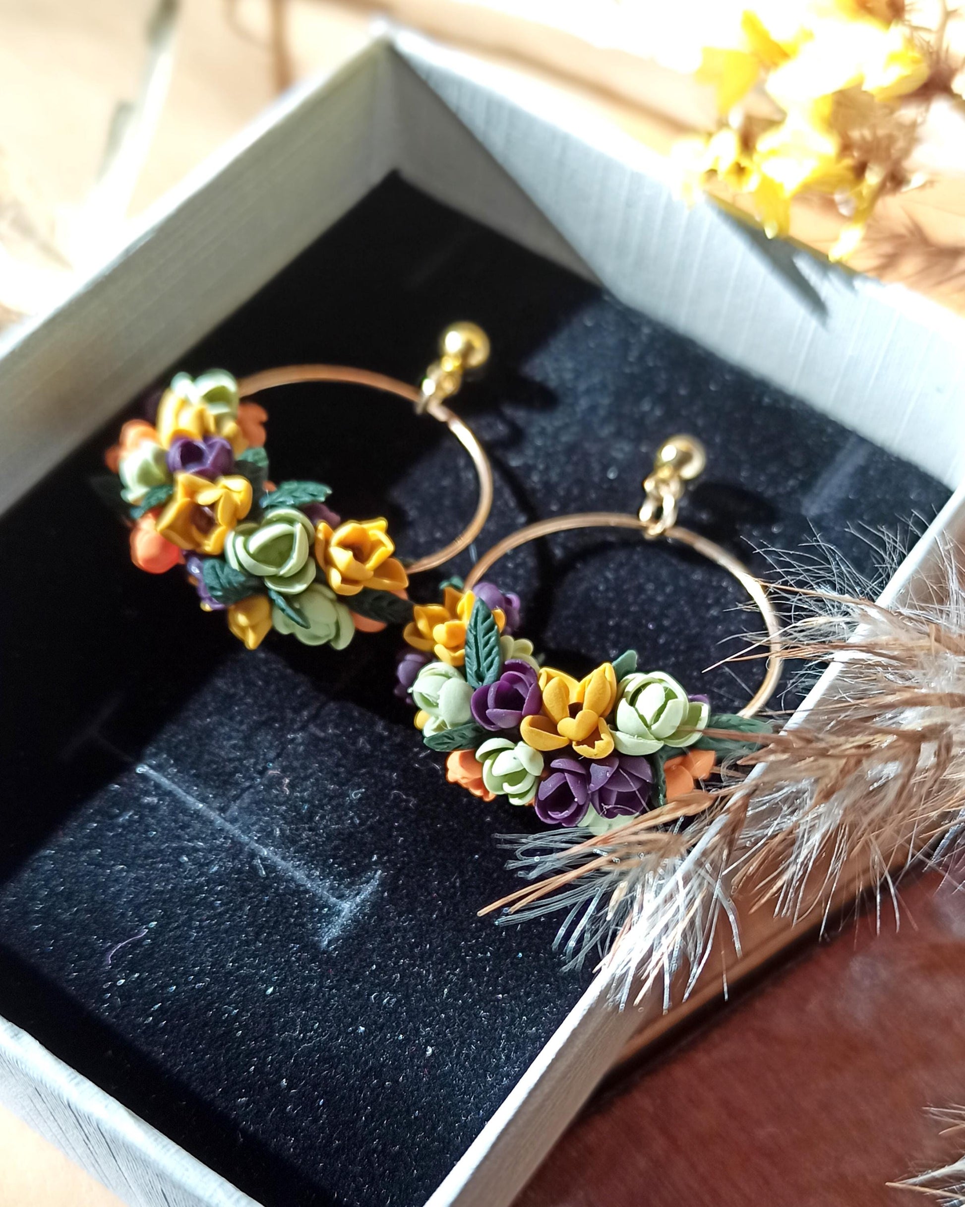 Handmade Fall Flower Hoop Earrings: Polymer Clay Sunflower Jewelry