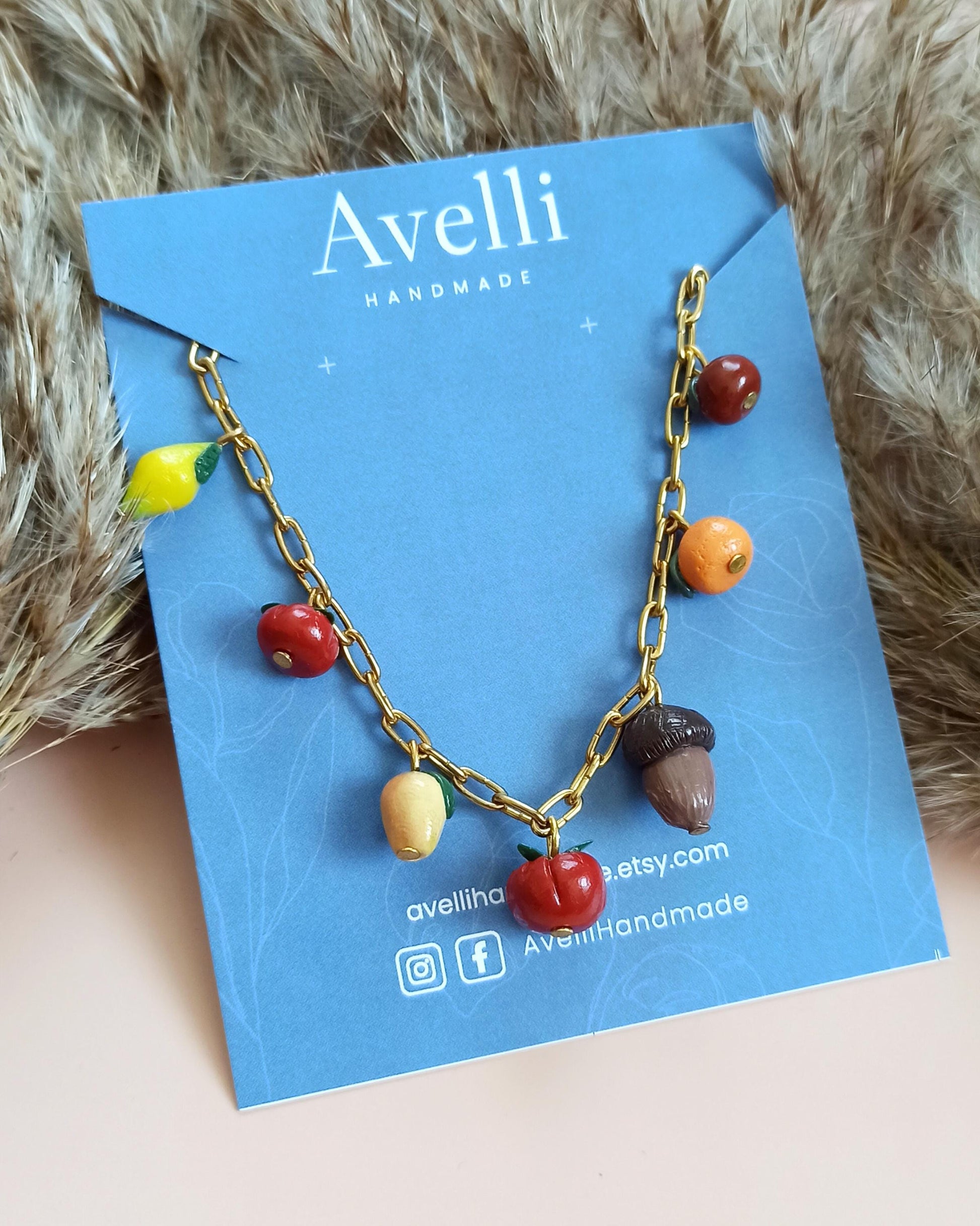 Fall charm tomatoes necklace: handmade fruit jewellery, small fruits.