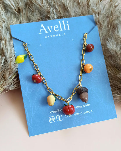 Fall charm tomatoes necklace: handmade fruit jewellery, small fruits.