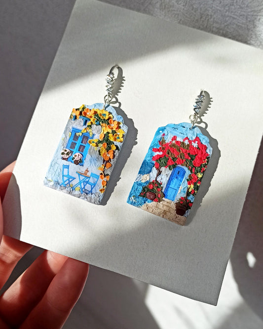 Blue polymer clay earrings: pink flower landscape earrings, handmade jewellery