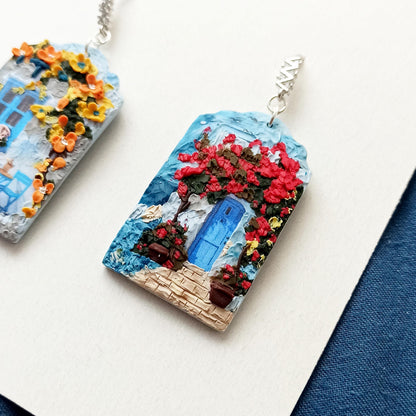 Blue polymer clay earrings: pink flower landscape earrings, handmade jewellery